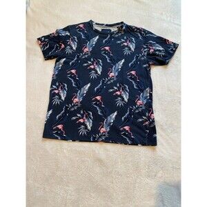 Denim And Flower Mens T-shirt sz M Ricky Singh Blue Pink Flamingos Foliage